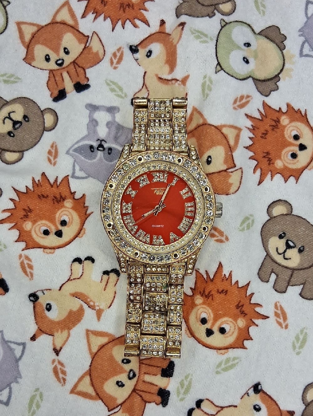 Techno QUARTZ Gold-Tone Crystal Bracelet Watch with Red Dial